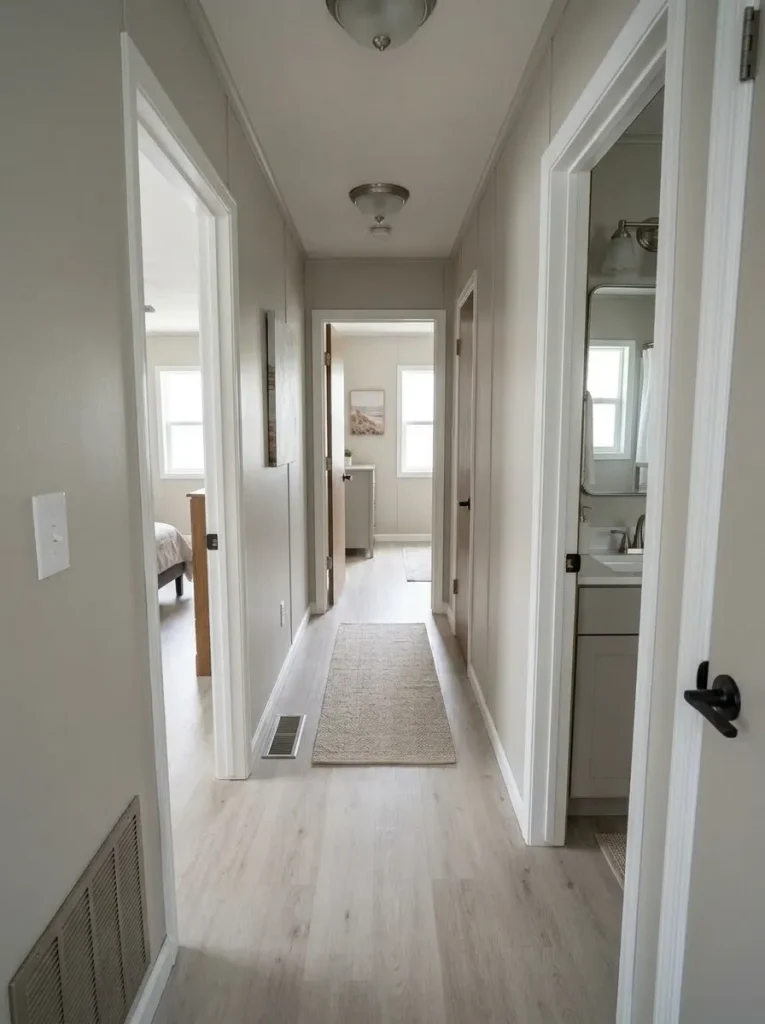 Single wide hallway with coordinated doors, trim, hardware, switch plates, and vents creating continuity between several differently styled rooms.
