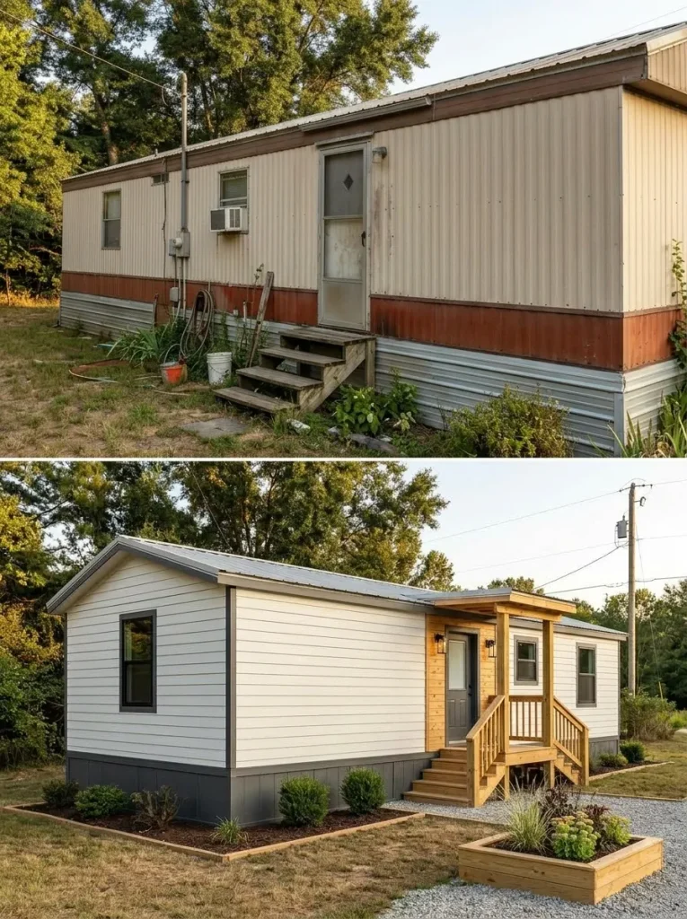 Old single wide entrance before and after a modest covered landing adds depth and creates a stronger focal point.