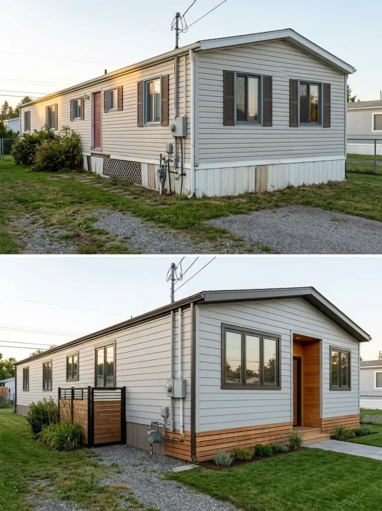 Before-and-after long single wide exterior showing mismatched siding and trim simplified into a clean neutral shell with repeated dark details.