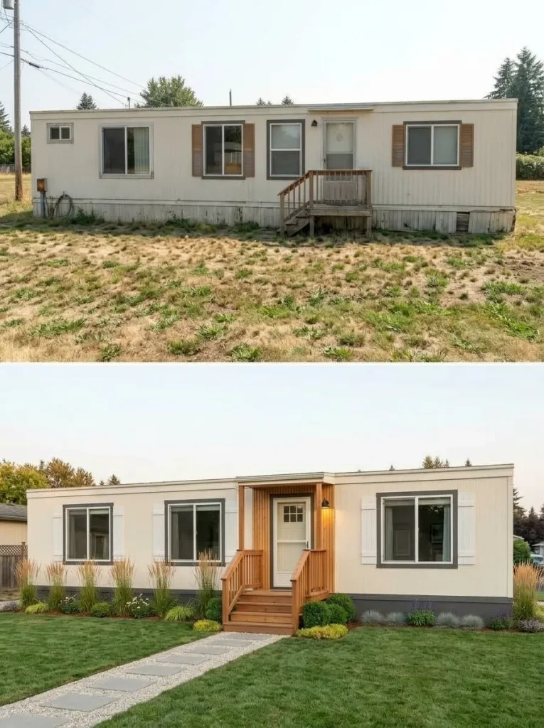 Straight-on old single wide before and after vertical entry details balance the home’s long horizontal facade.