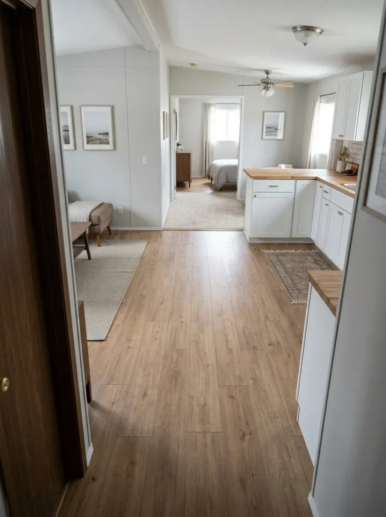 Elevated long view through a single wide showing coordinated flooring across connected living and kitchen zones with a quieter transition to another room.