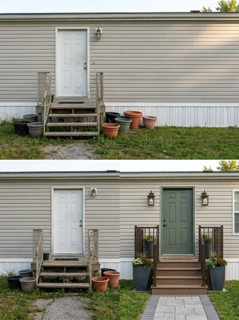 Before-and-after single wide front entry showing basic steps transformed with a clearer door color, coordinated railing, lighting, planters, and walkway.