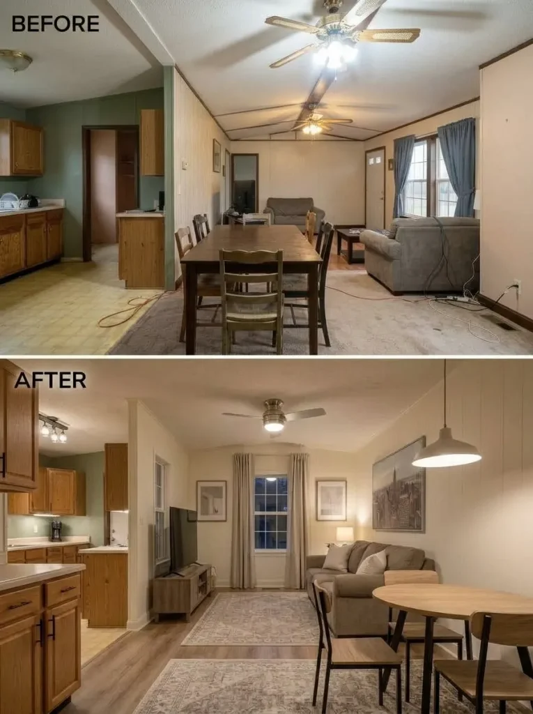Same single-wide living and dining room at night before and after layered lamps create more visual depth than overhead lighting alone.