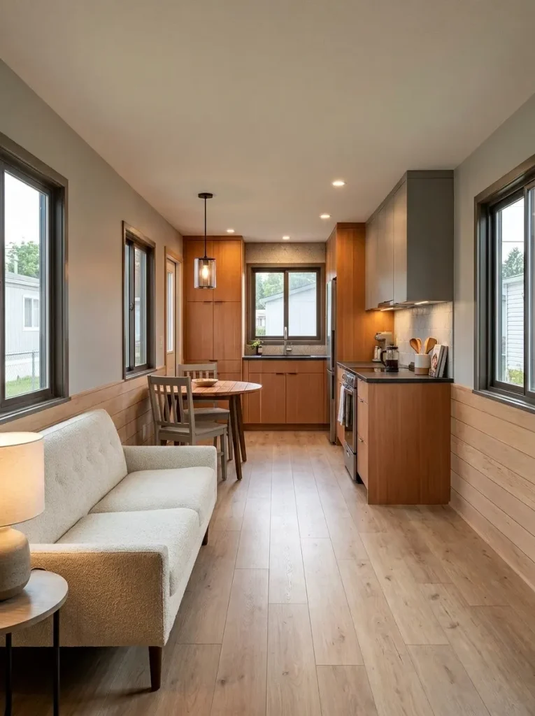 Long-axis view through a single wide living room, dining area, and kitchen showing smaller furniture, clearer circulation, and a calmer connected layout.