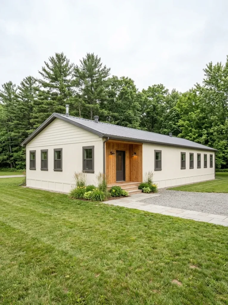 Straight-on view of an older single wide updated with creamy siding, dark repeated window trim, a warm wood entry accent, finished skirting, and restrained landscaping.