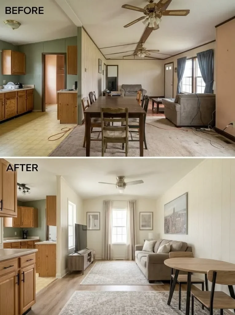 Long-axis single-wide interior before and after connected living, dining, and kitchen spaces gain stronger finish and flooring continuity.