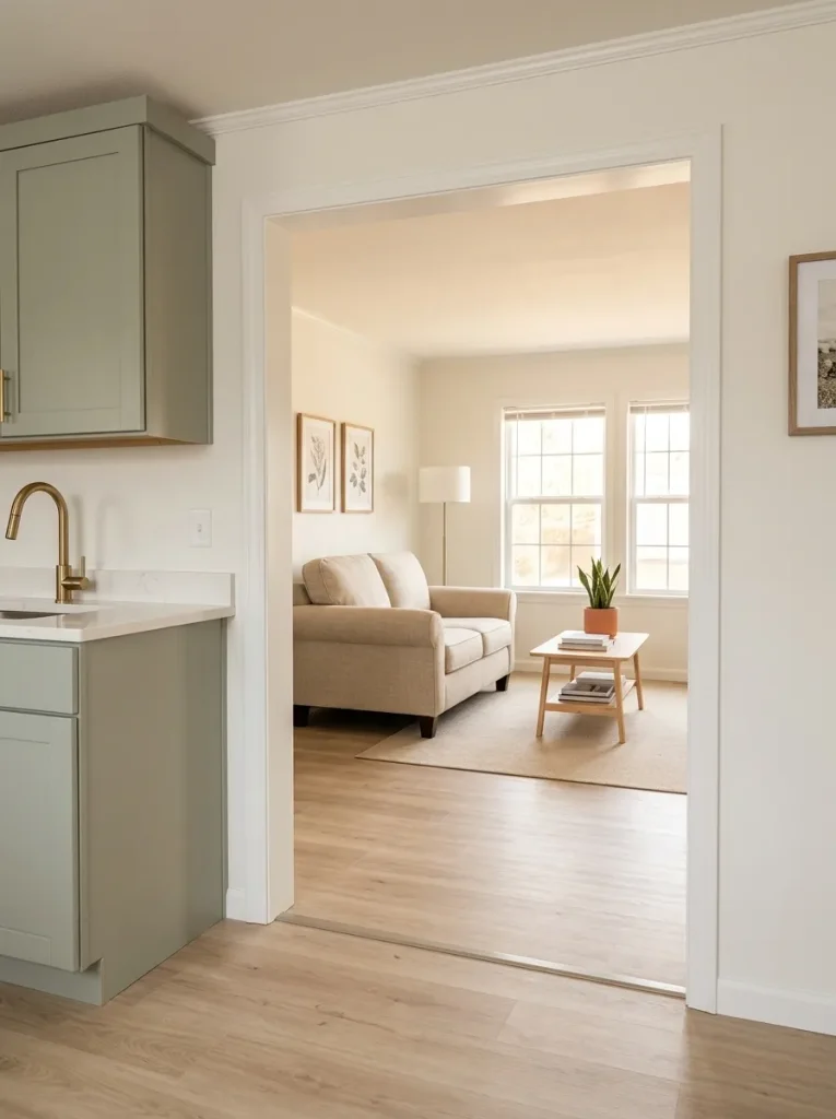 Oblique view through a simplified single wide pass-through with cleaner trim, less furniture at the threshold, and a clear route into the living room.