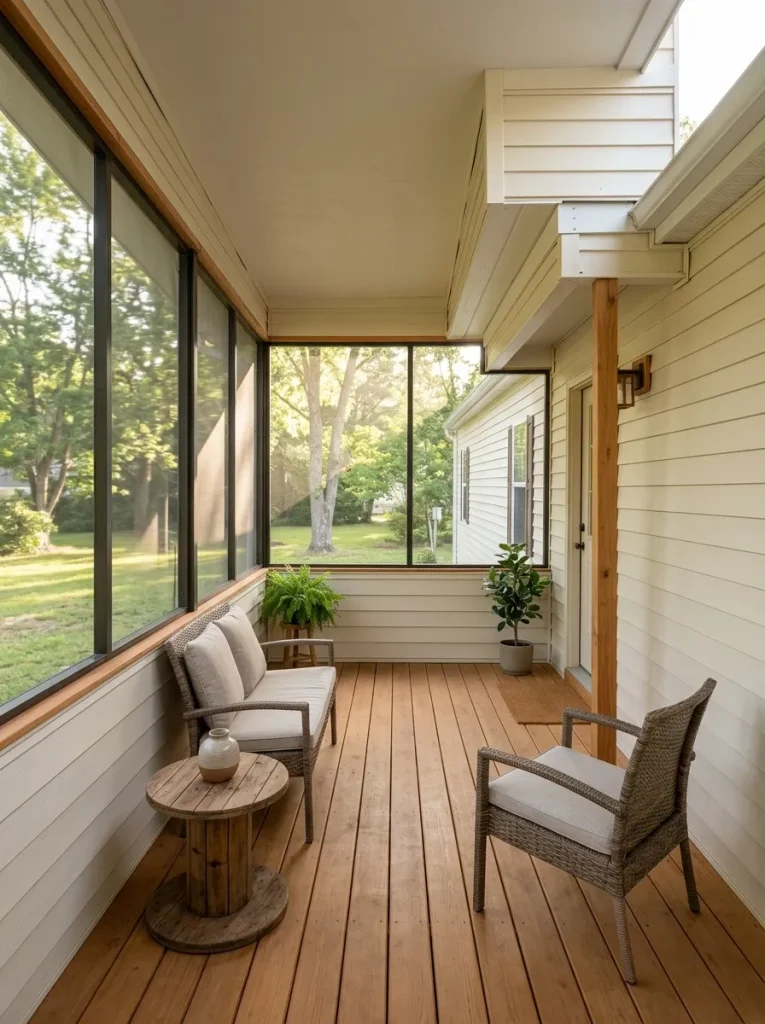 Screened porch viewed from its far corner toward the single wide, with coordinated wood flooring, dark screen frames, pale siding, and a clear conversation area