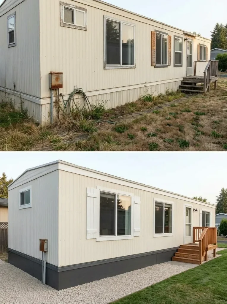 Low-angle before-and-after view of a single wide showing clean skirting, steps, and landscape edging grounding the home.