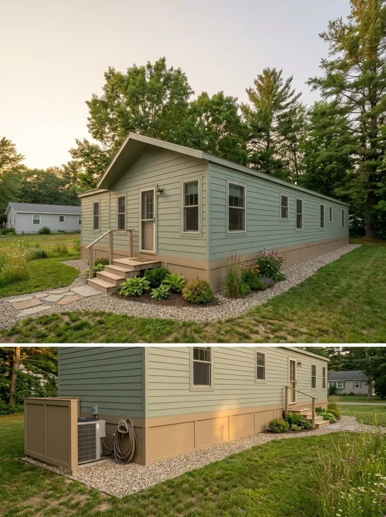Low side view of a single wide with continuous skirting, clean gravel edging, restrained planting, and a finished transition between the home and ground.