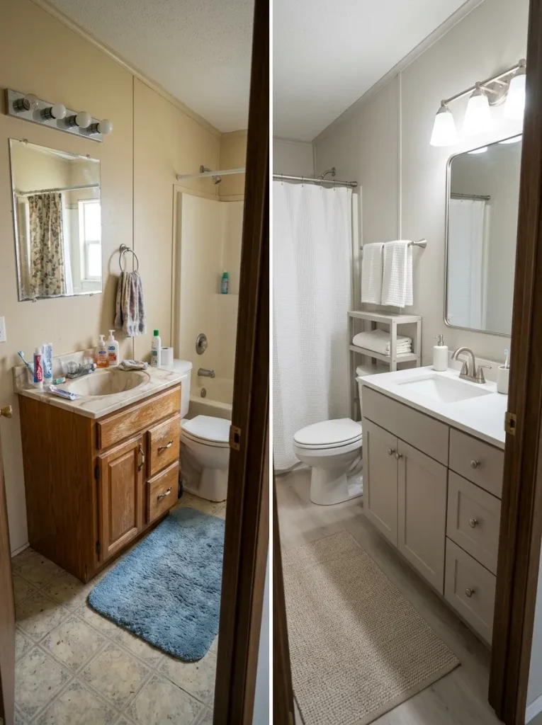 Before-and-after tiny single wide bathroom with the same footprint updated through a coordinated vanity, mirror, light, faucet, and calmer surrounding finishes.