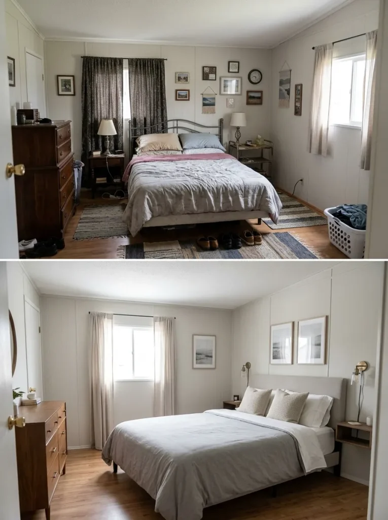 Before-and-after compact single wide bedroom showing a stronger bed wall, fewer competing furniture pieces, lighter curtains, and more visible floor.