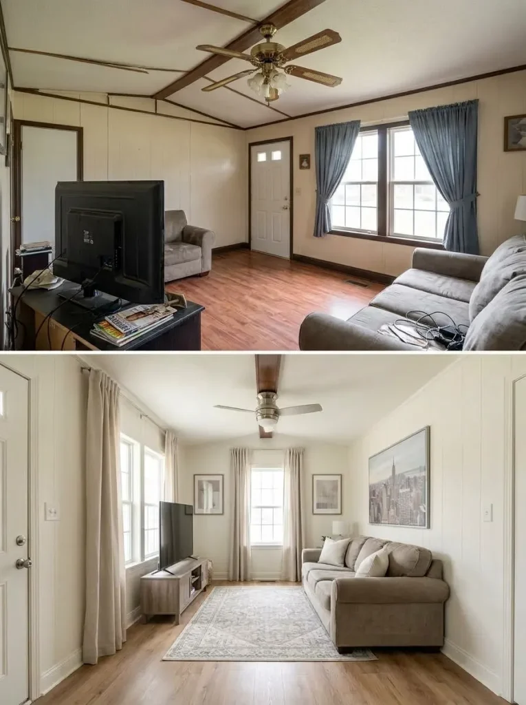 Single-wide living room before and after a quieter white ceiling lets one dark wood beam become an intentional feature.
