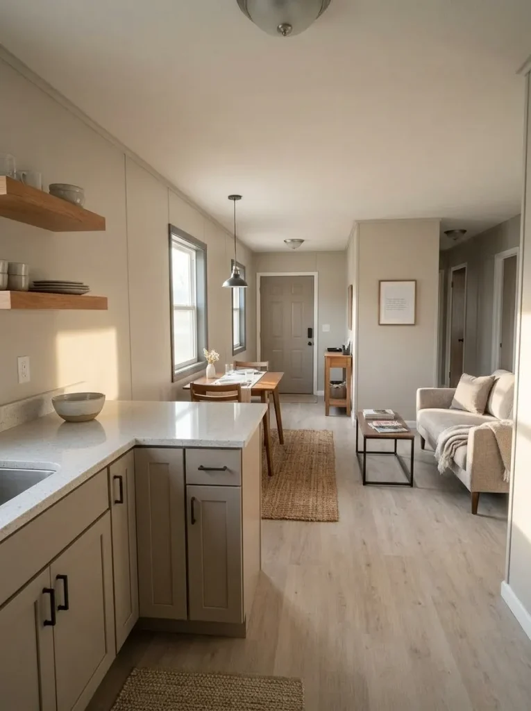 Whole single wide interior viewed from the kitchen with warm wood, soft neutrals, and restrained dark accents repeating through the kitchen, living area, and entry.