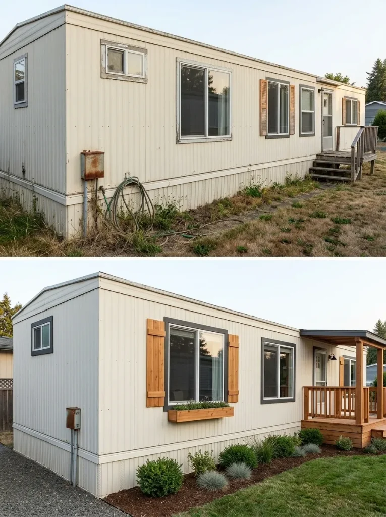 Long single-wide exterior before and after varied window sizes are unified with consistent dark trim and selective wood shutters.