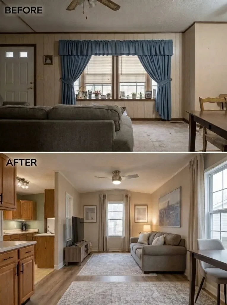 Single-wide window wall before and after heavy layered treatments are simplified to reveal more glass and wall height.