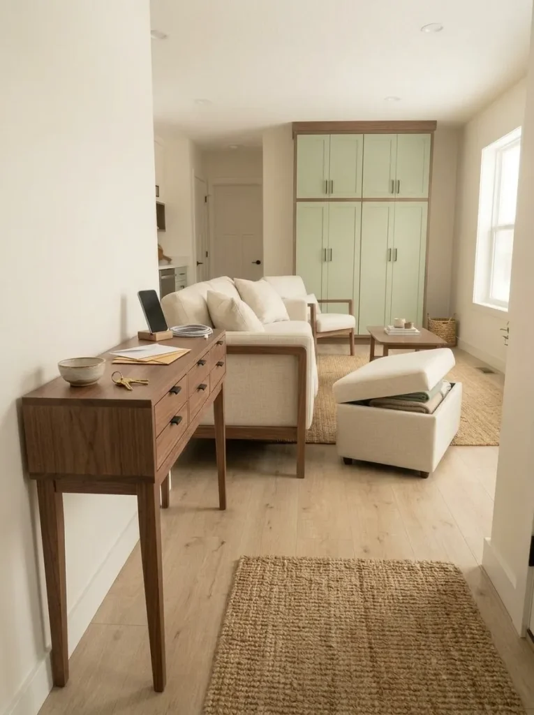 Slim walnut entry console with closed storage for small daily items while leaving the narrow mobile home walkway open.
