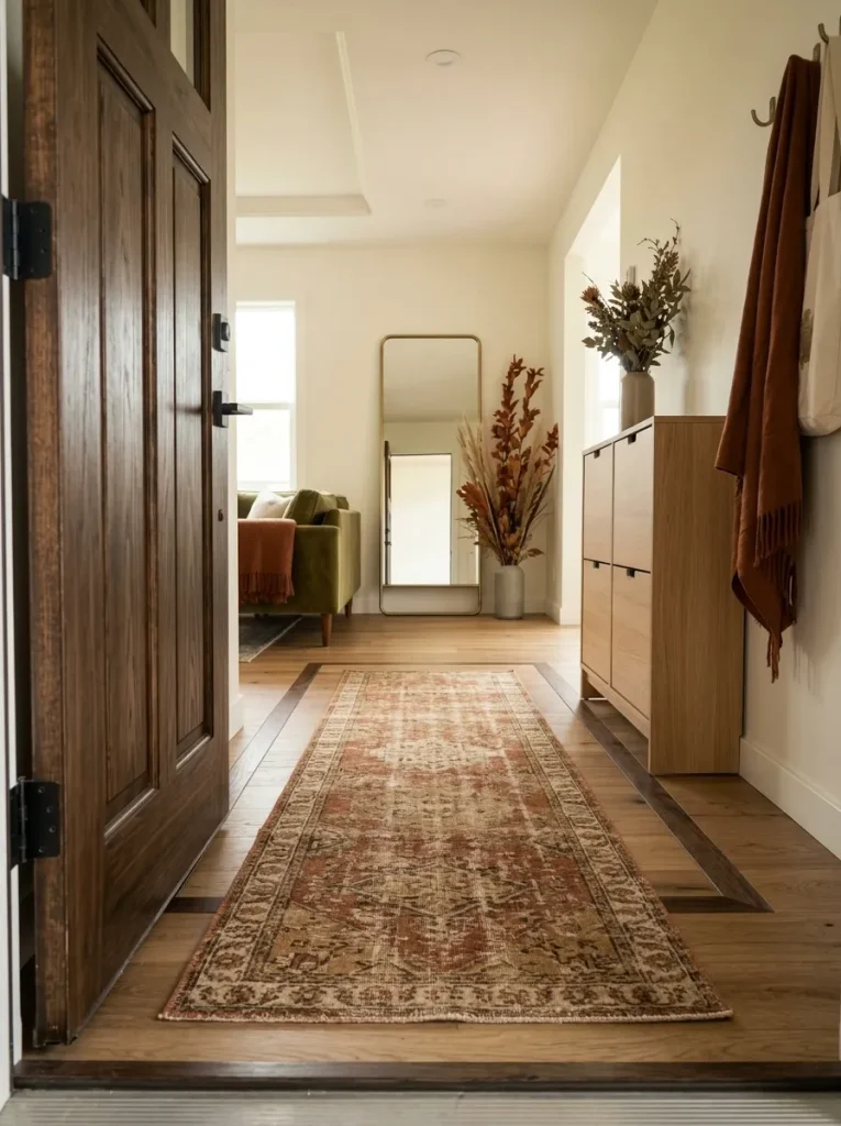 Slim autumn runner defining the entry zone in a small mobile home while leaving the door and walking path clear.