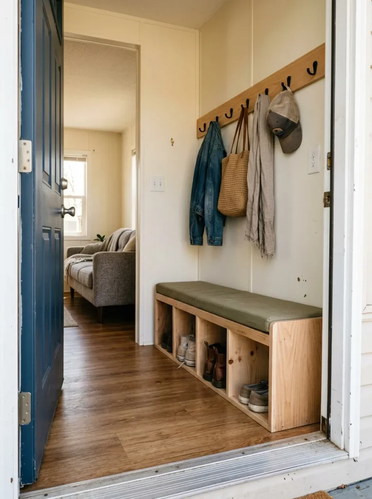 Slim DIY entry bench with peg rail preserving the walkway from a mobile home's front door into the living room.