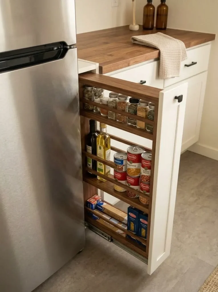 Narrow pull-out pantry using the dead gap beside a refrigerator in a compact mobile-home kitchen.