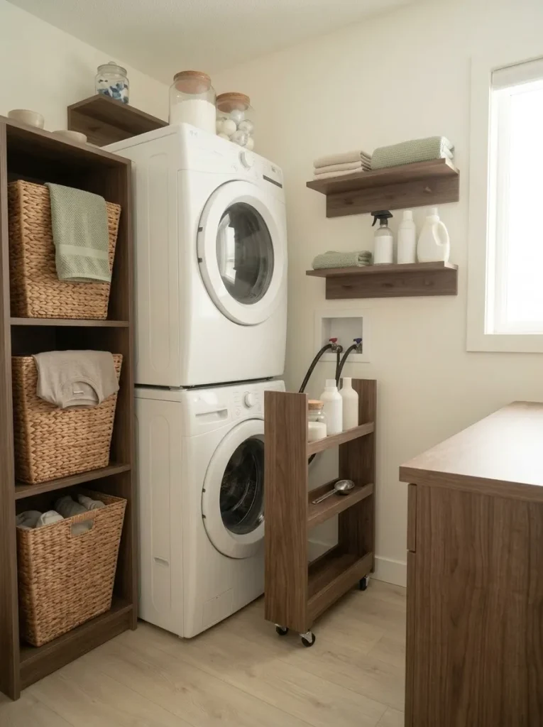 Narrow rolling laundry shelf using a measured side gap beside a washer while appliance access and the surrounding floor remain clear.