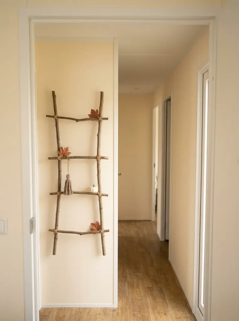 Slim twig-and-leaf ladder hanging close to the wall beside the walking route in a narrow mobile home hallway.