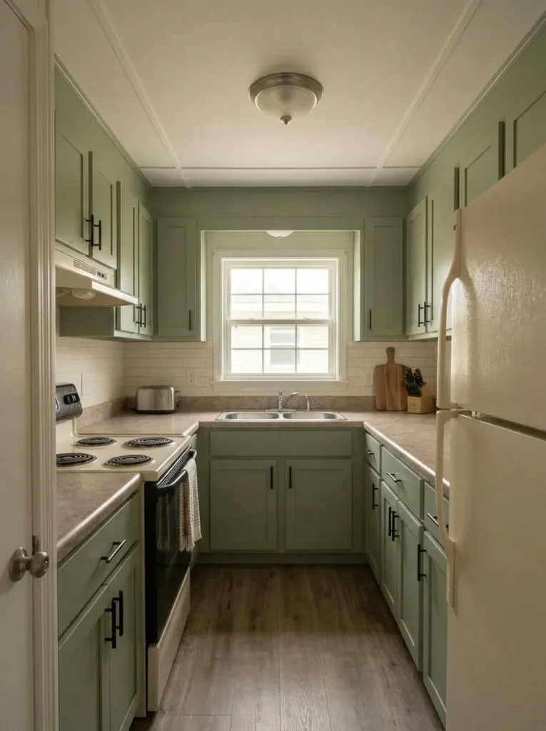 Small warm-white backsplash zone complements sage cabinets and an existing counter in a mobile home kitchen.