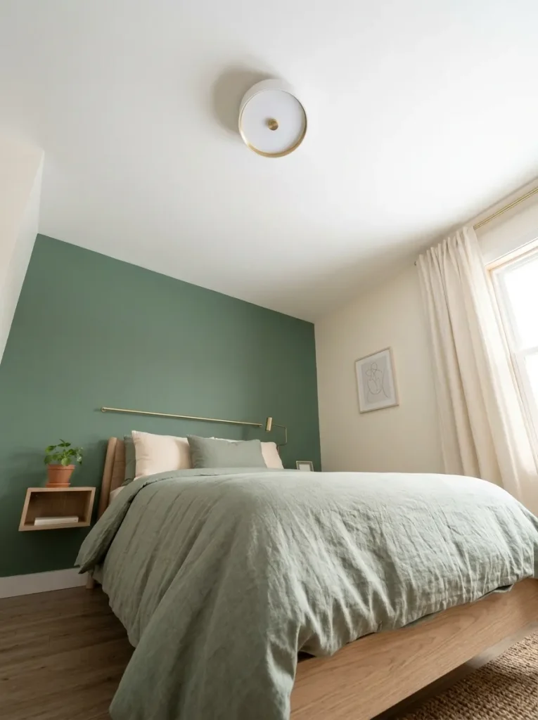 Quiet walls balance a visible ceiling fixture in a compact single-wide bedroom with a modest ceiling height.