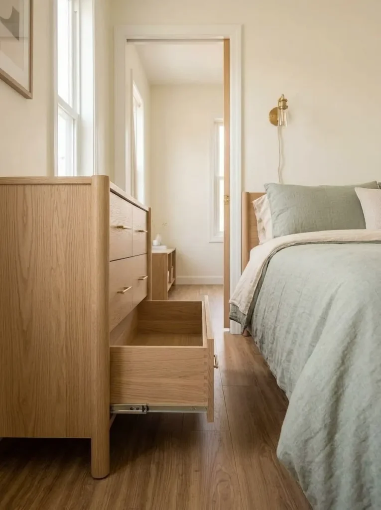Open dresser drawer leaves a usable passage beside the bed in a compact single-wide bedroom.