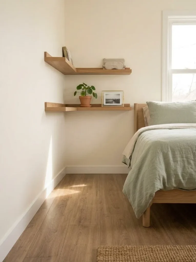 Floating corner shelves add storage beside the bed while leaving the floor open in a small single-wide bedroom.