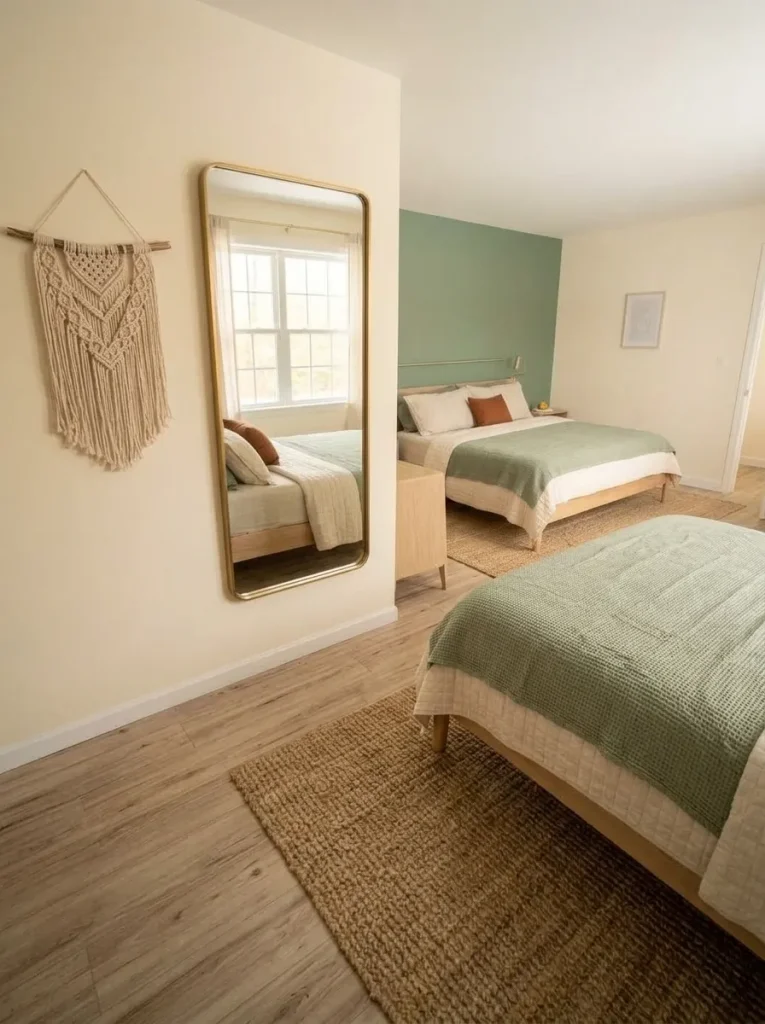 Full-length mirror reflects daylight and the calm bed area instead of closet clutter in a small single-wide bedroom.