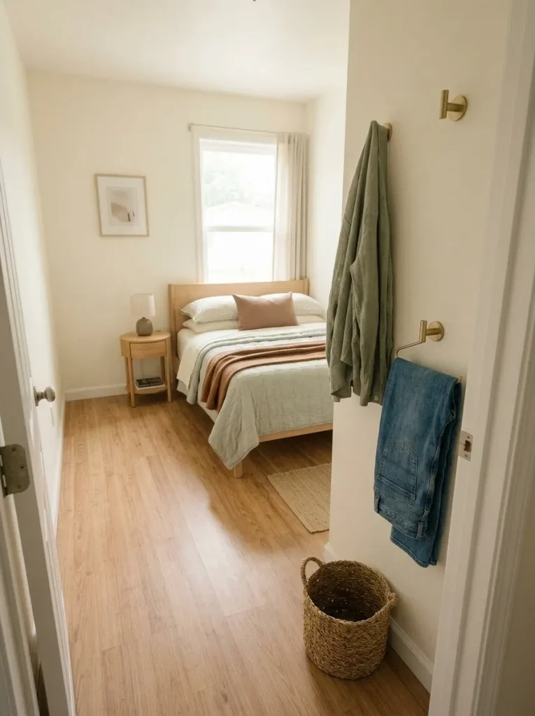Wall hooks and a small basket create a repeat-wear clothing zone beside the closet without using bedroom floor space.