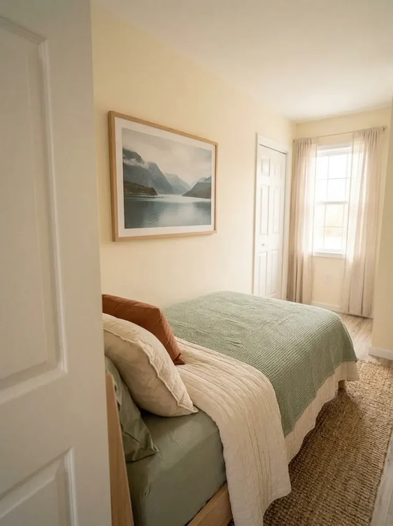 One focused artwork composition anchors a broken bedroom wall while smaller wall sections remain intentionally empty.