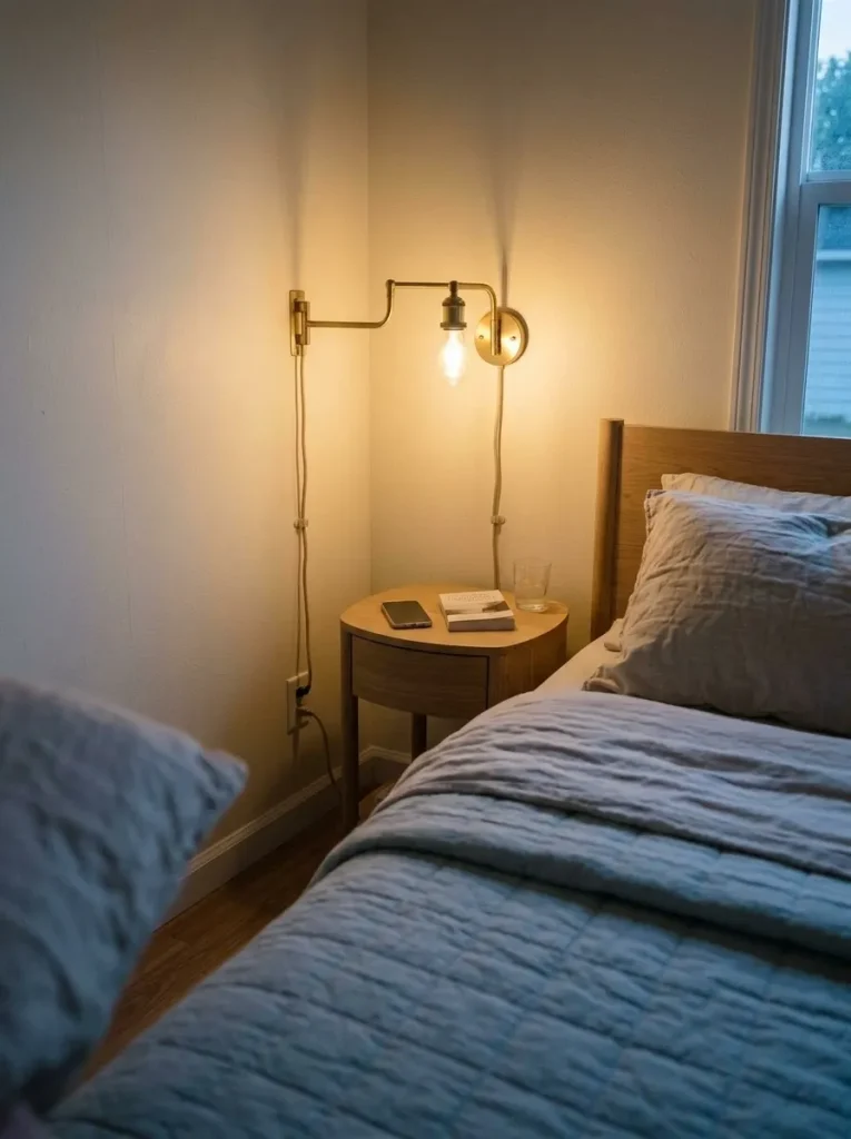 Wall-mounted bedside light frees the surface of a compact nightstand in a small single-wide bedroom.