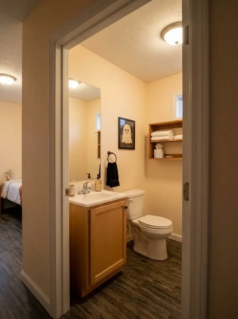 Small mobile home bathroom with one framed ghost illustration and a restrained black towel as the Halloween accents.