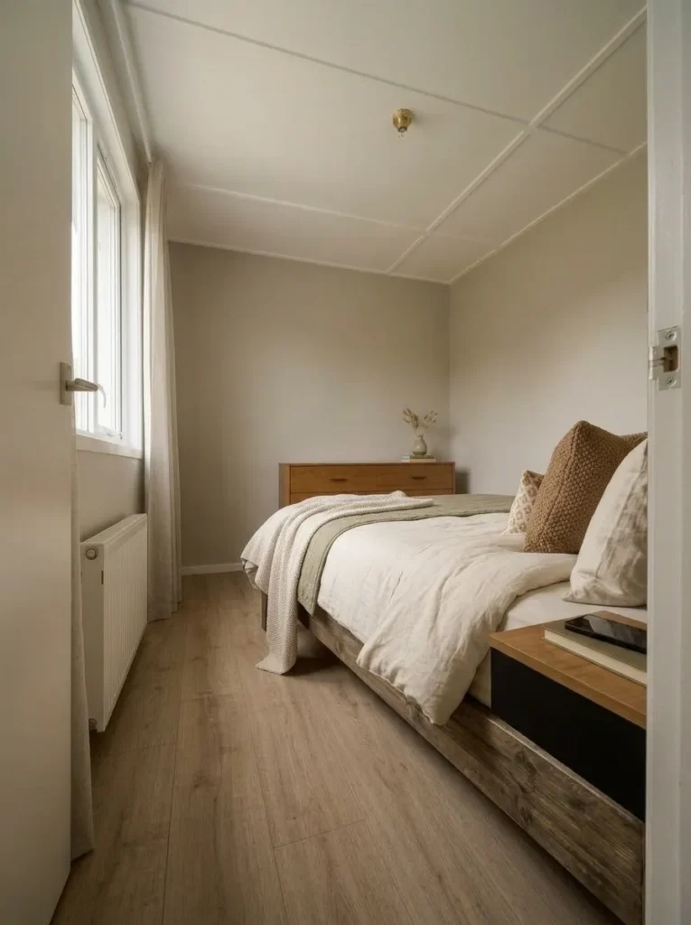Full-size bed with slim bedside furniture creates more usable walking space in a small mobile home bedroom.