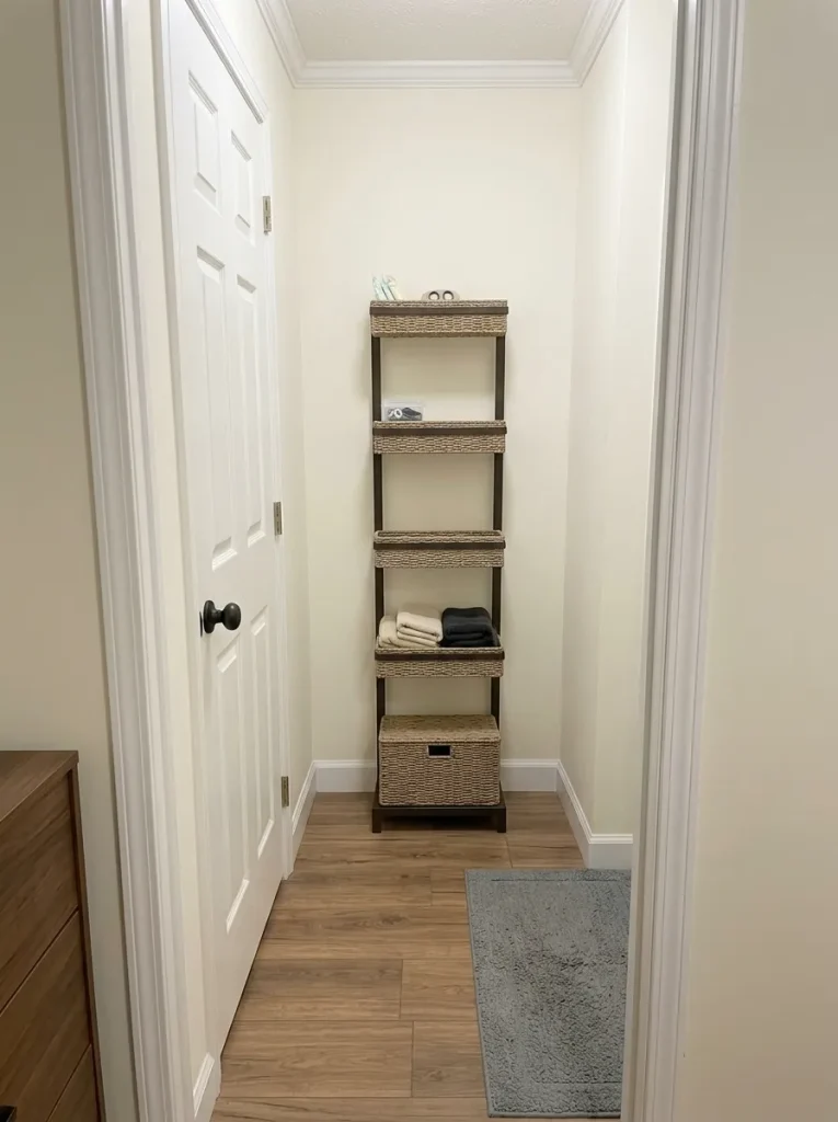 Slim corner storage tower uses vertical space while preserving the open floor route of a compact mobile-home room.
