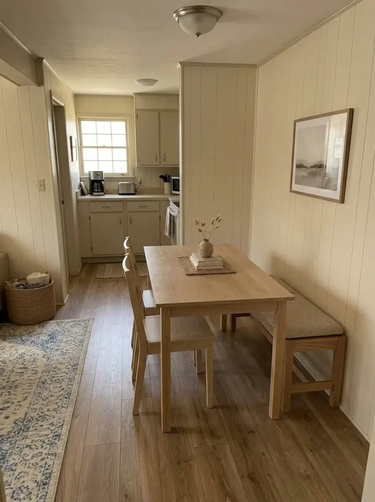 Narrow mobile home dining nook with a slim table and bench preserving the walkway into the kitchen.