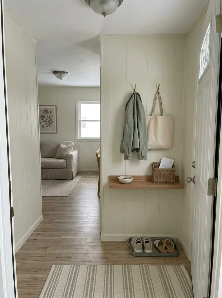 Compact mobile home entry with shallow key shelf, mail basket, hooks and shoe storage beside a clear walkway.