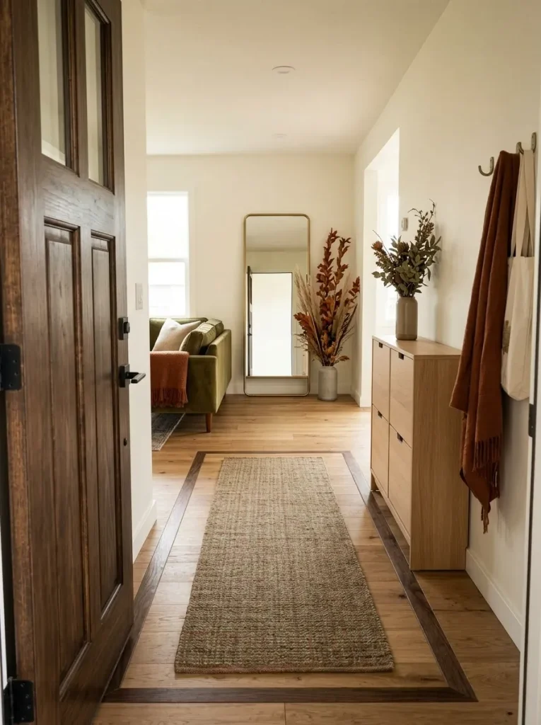 Small mobile home entry opening into the living room with a mirror, vertical fall foliage, slim runner, and compact shoe storage.