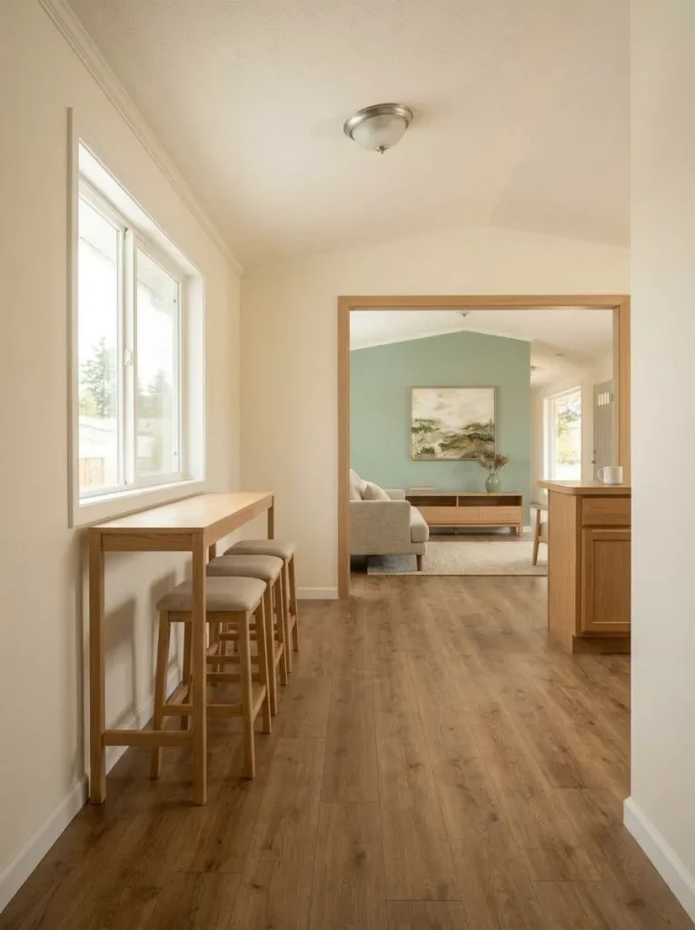 Natural wood casing finishes an existing opening between a mobile home kitchen and living room.