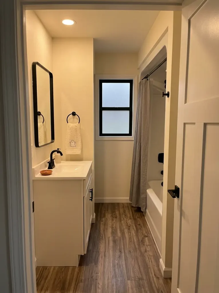 Narrow small-mobile-home bathroom uses one ghost hand towel as its main Halloween accent while the vanity, sink, and floor stay uncluttered.