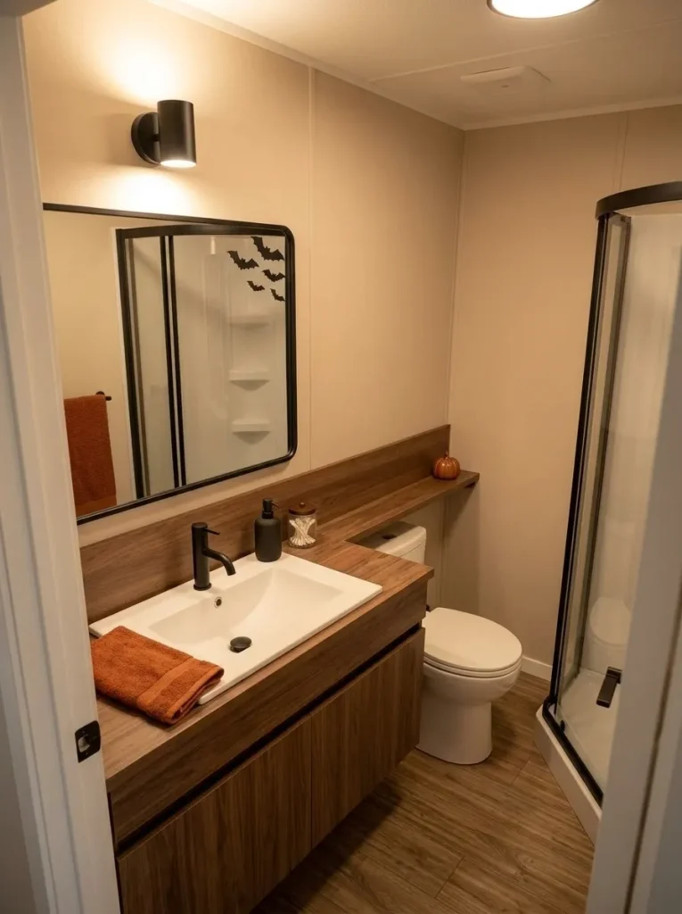 Compact mobile home bathroom with a clear vanity and small Halloween accents on the mirror, towel, and narrow shelf.