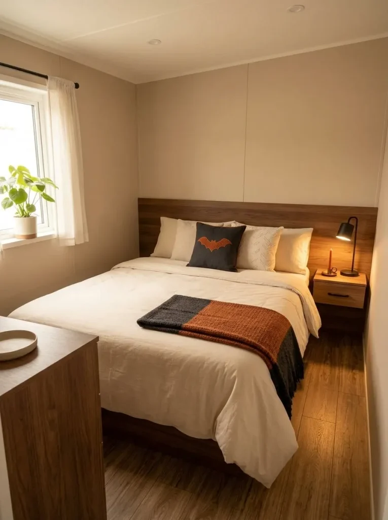 Small mobile home bedroom where the bed carries the Halloween theme while the nightstand, dresser, and floor remain restrained.