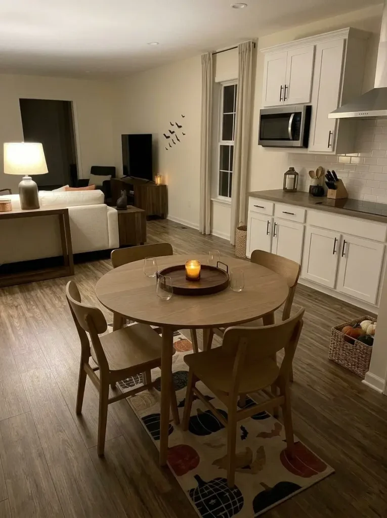Compact mobile-home dining table uses a shallow Halloween tray, dark napkins, and warm flameless candlelight while retaining space for dinner.