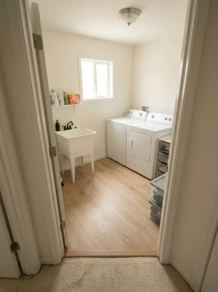Small mobile home room receives a limited oak-look flooring update with a clear transition to the existing hallway floor.