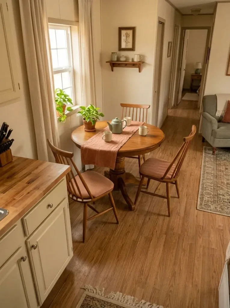 Small round thrifted dining table positioned to preserve circulation in a compact mobile home dining nook.