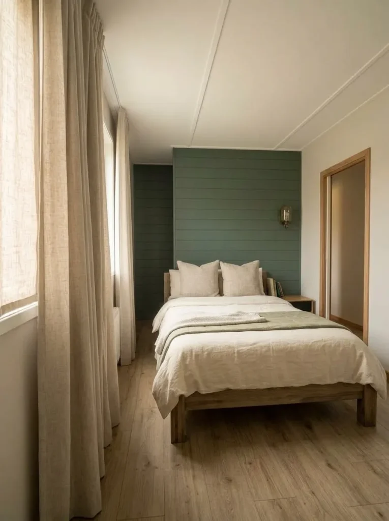 Soft oatmeal curtains frame a mobile home bedroom window while leaving the narrow walking path beside the bed clear.