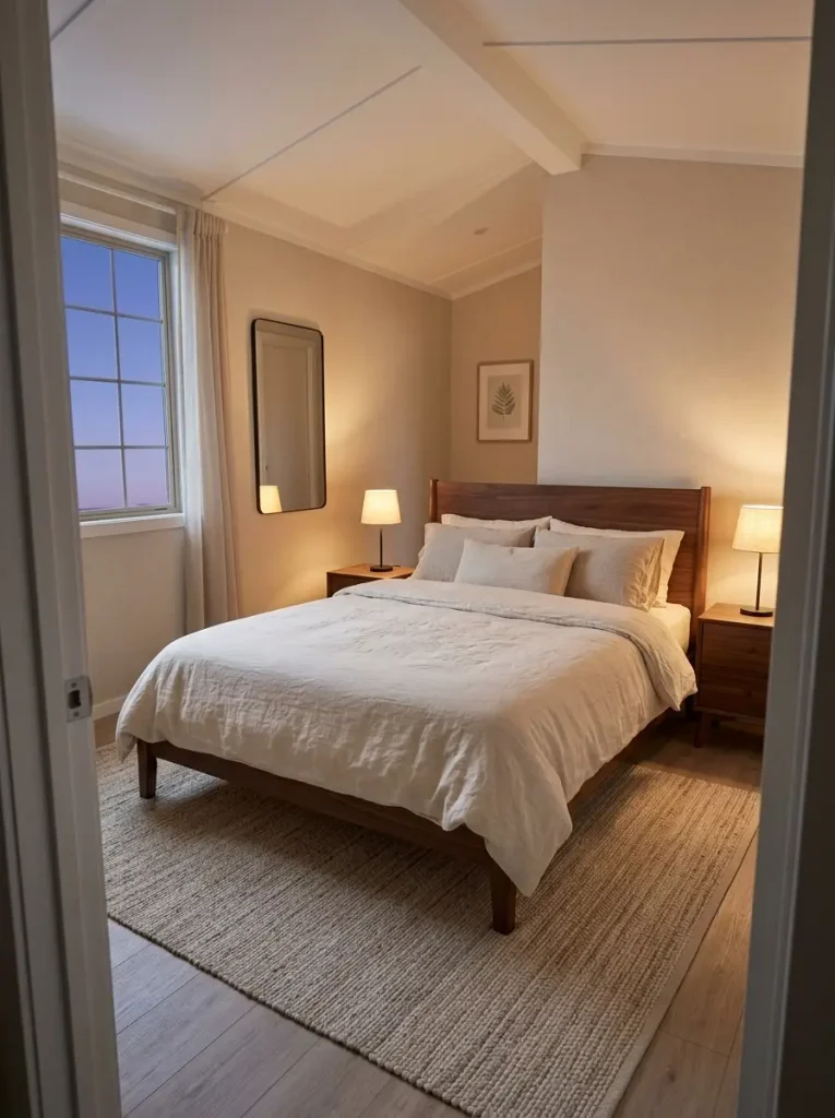 Soft linen and walnut mobile home bedroom shown at evening with cream bedding and subtle sage accents.