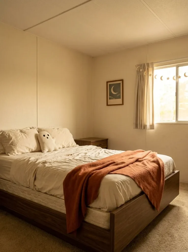 The bedroom carries the Halloween story more softly through faded orange, cream, and one subtle ghost motif.